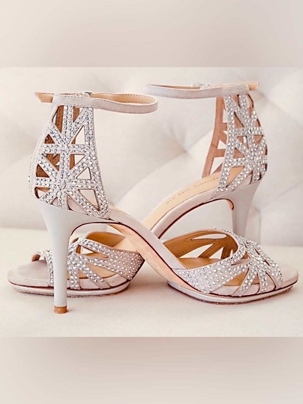 ANTONIO MELANI Leather Rhinestone Heels Chalk 8 1/2